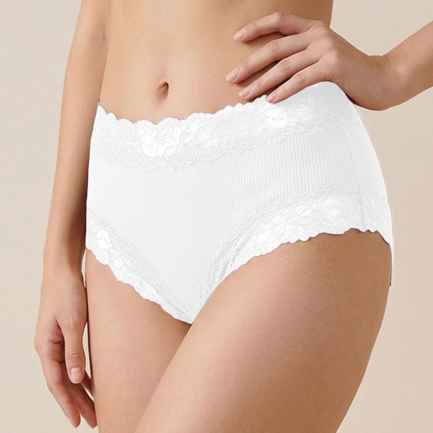 Lace Trim High Waisted Underwear for Women Sexy Ribbed Panties