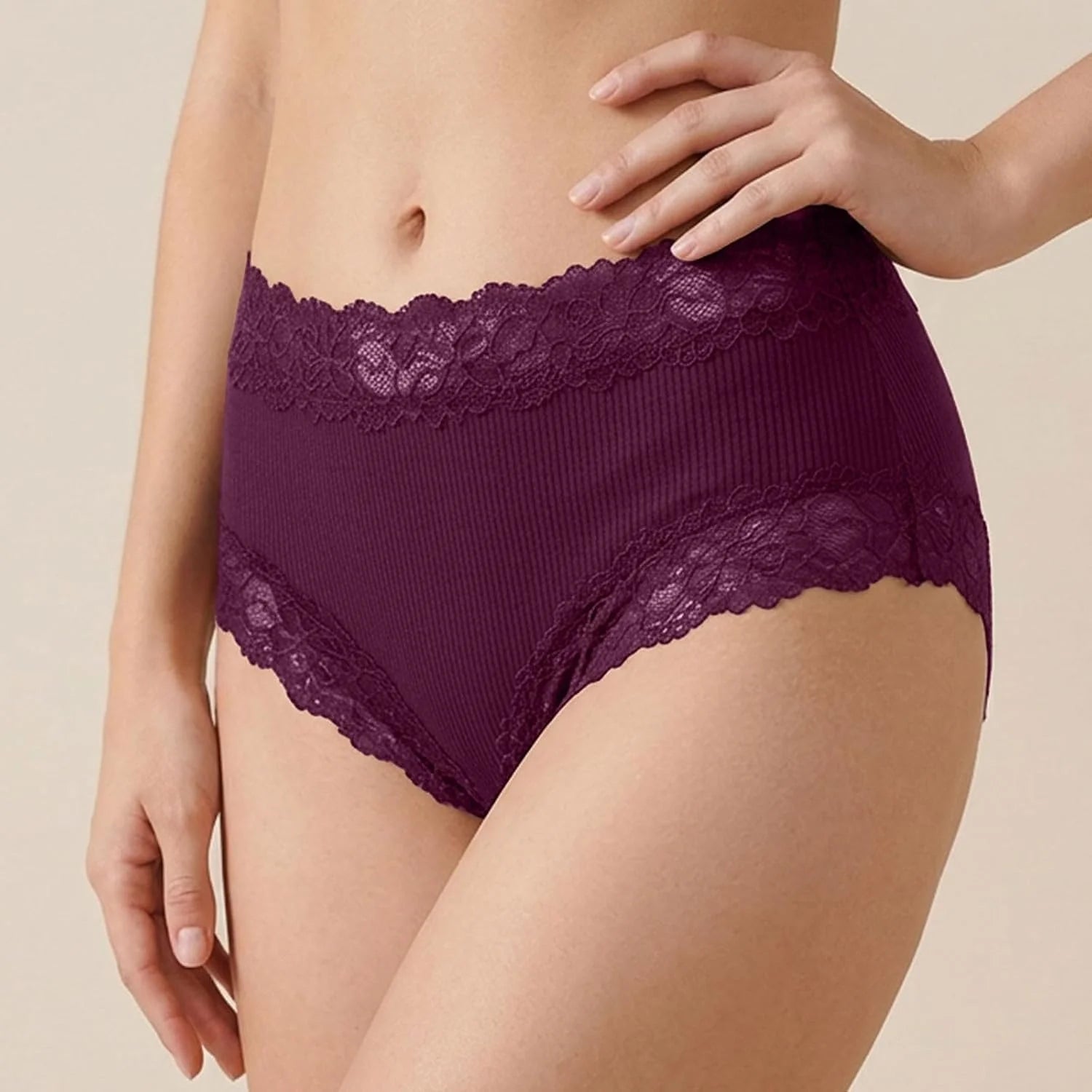 Lace Trim High Waisted Underwear for Women Sexy Ribbed Panties