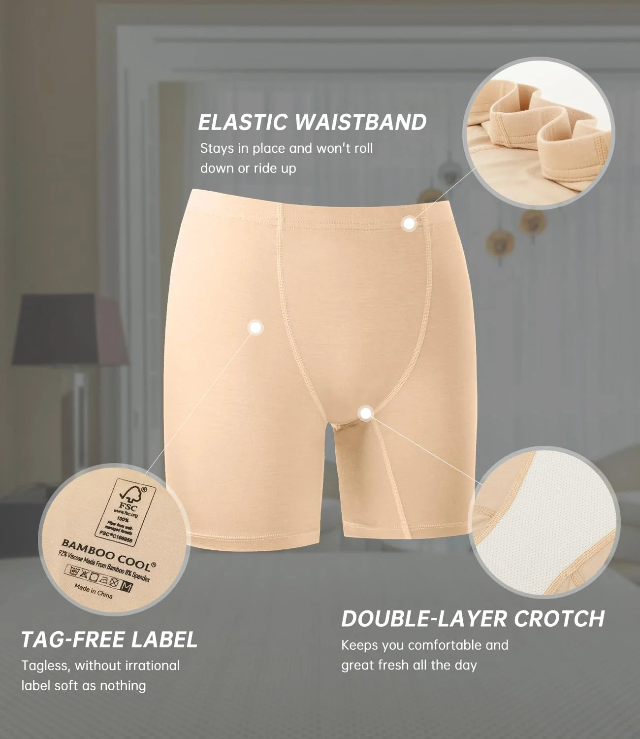 BAMBOO COOL Womens Boyshorts Underwear Boxer Briefs No Ride Up 4 Pack