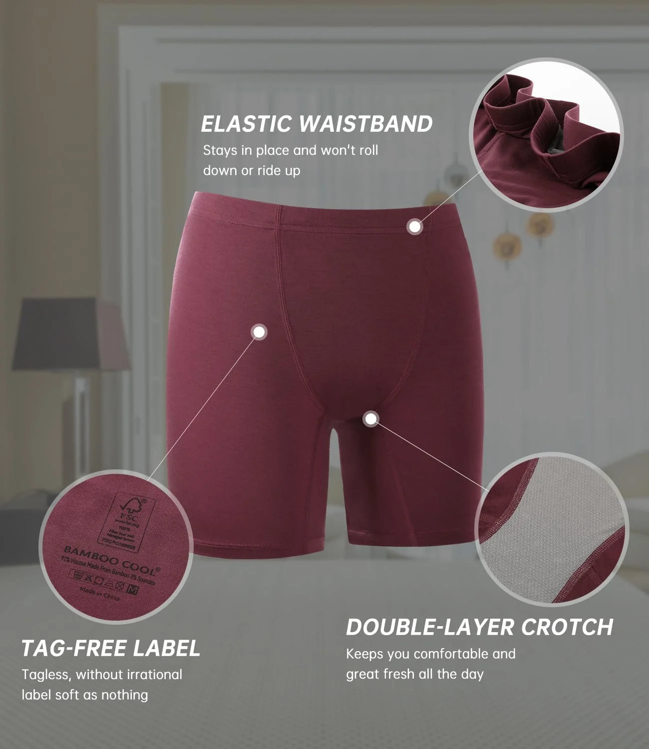 BAMBOO COOL Womens Boyshorts Underwear Boxer Briefs No Ride Up 4 Pack