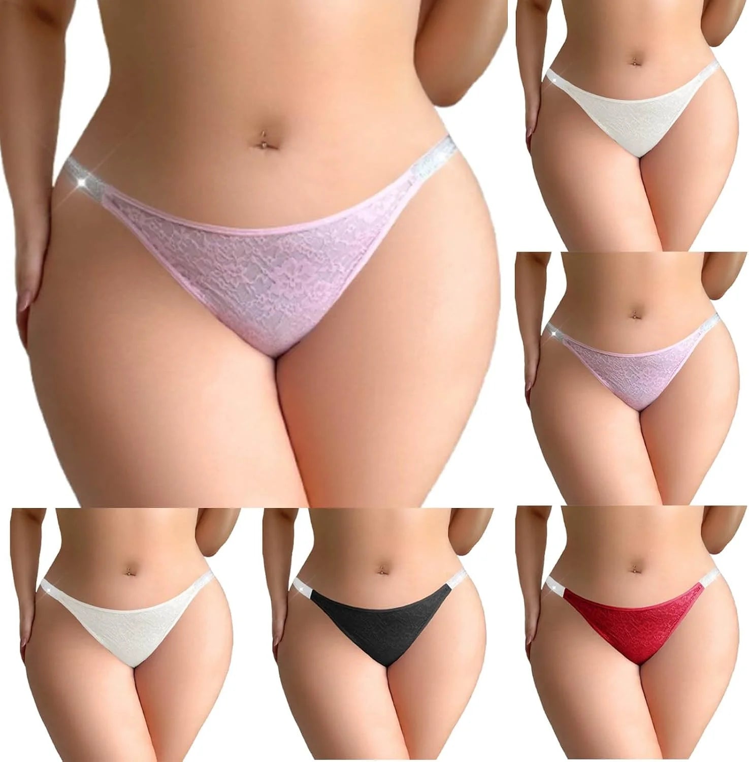 Womens Lace Thong Panties Sexy Rhinestone Straps Low Rise Brief