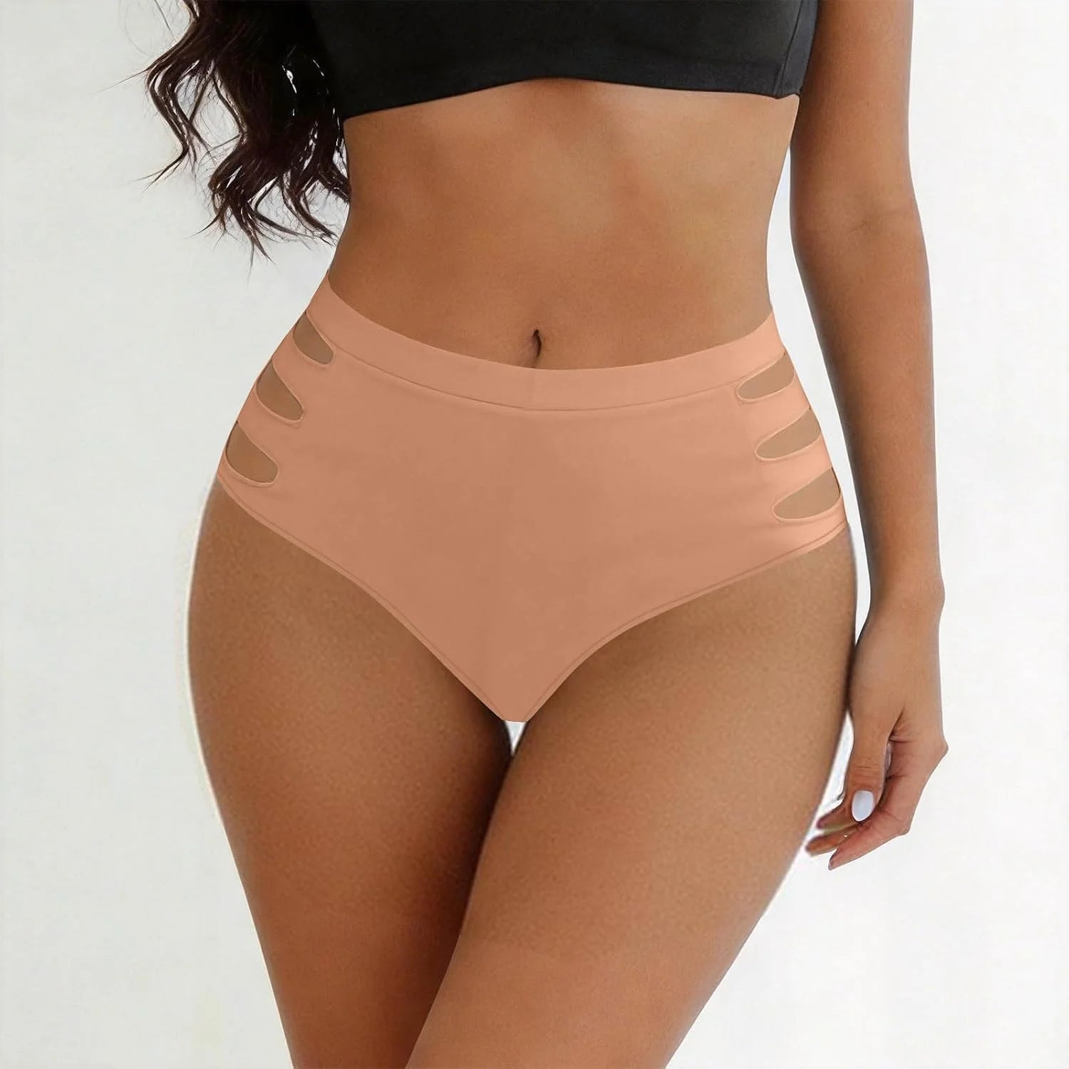 HGps8w Women's Cutout Thongs Panties, Seamless Mid Waist Ladies Breathable Underwear Briefs
