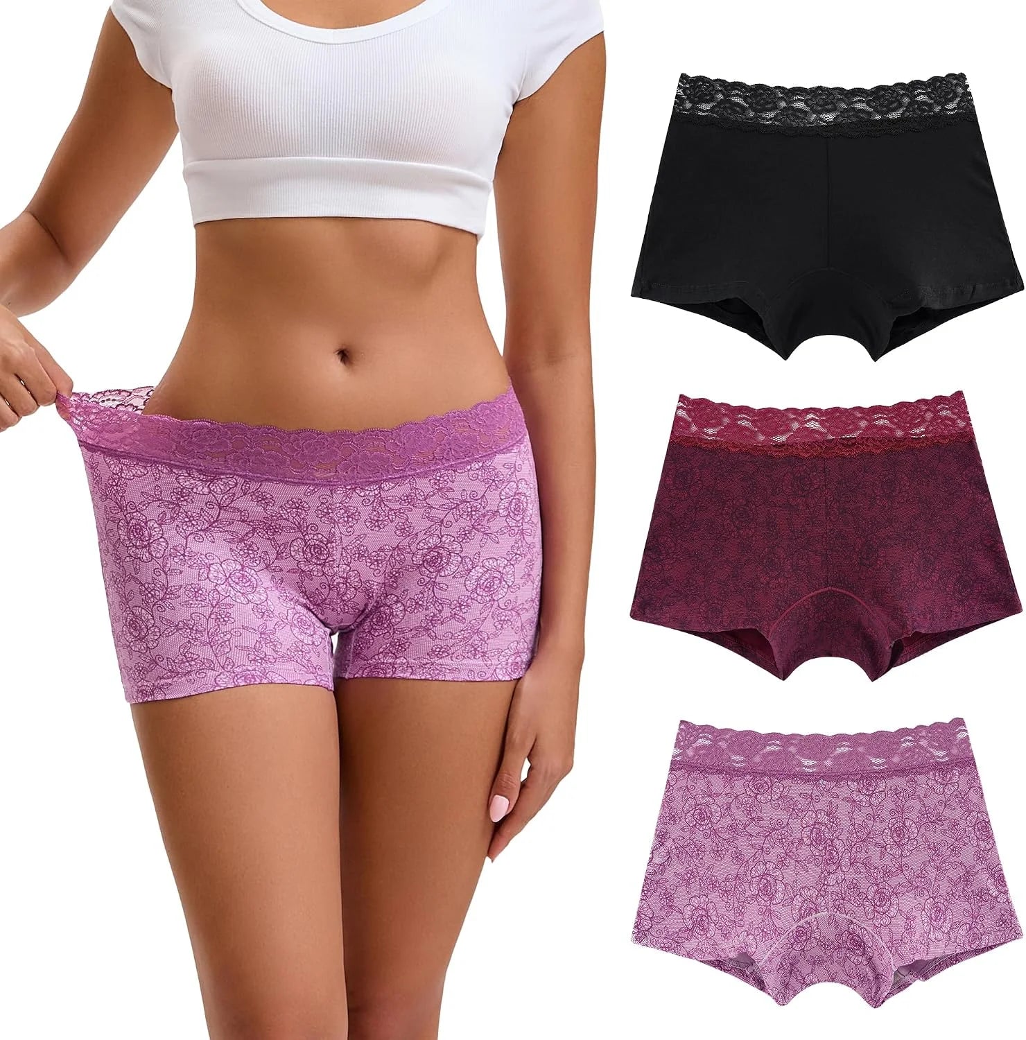 INNERSY Women's Lace Underwear Cotton Soft Boyshorts Panties Boxer Briefs 3-Pack