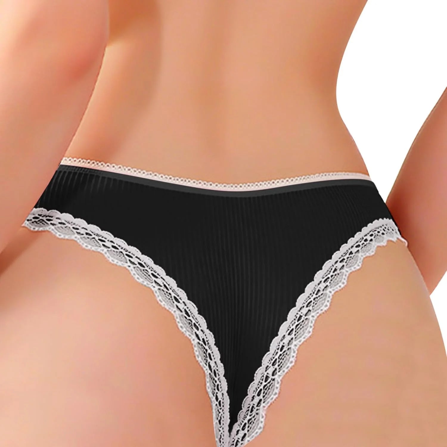 Ribbed Lace Trim Bow Thong for Women Low Waist Sexy Panties