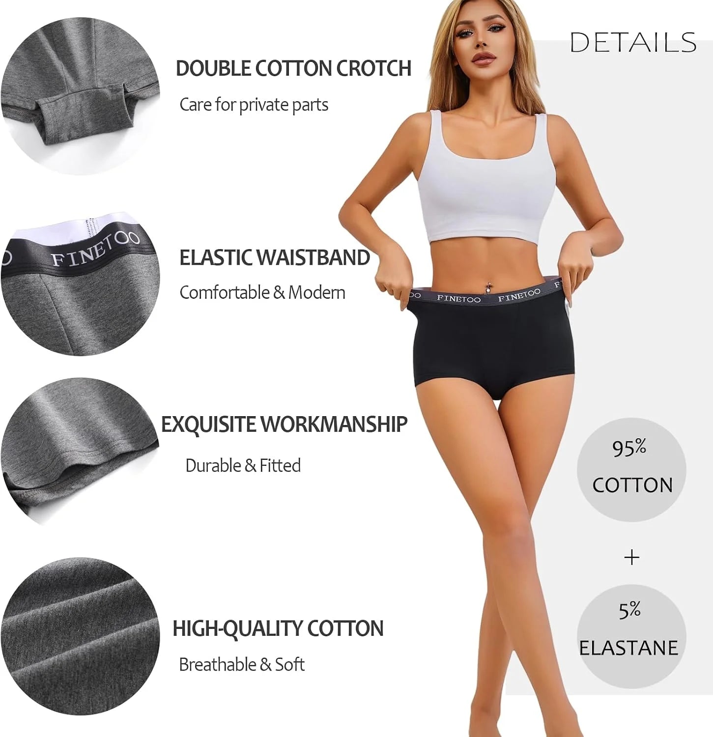 FINETOO Womens Cotton Boy Shorts Underwear Full Coverage Soft Boxer Briefs High Waisted Panties for Lady Girls 6 Pack