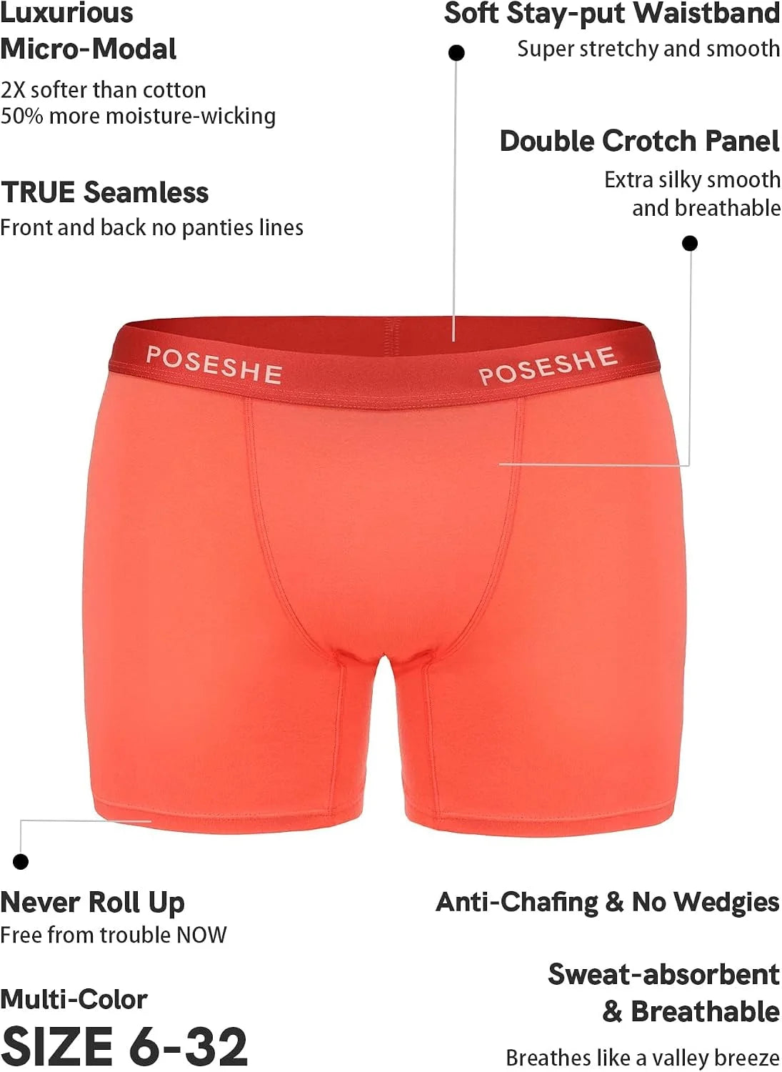POSESHE Womens Boy Shorts Underwear Boxer Briefs MicroModal 6" Inseam, S-5X