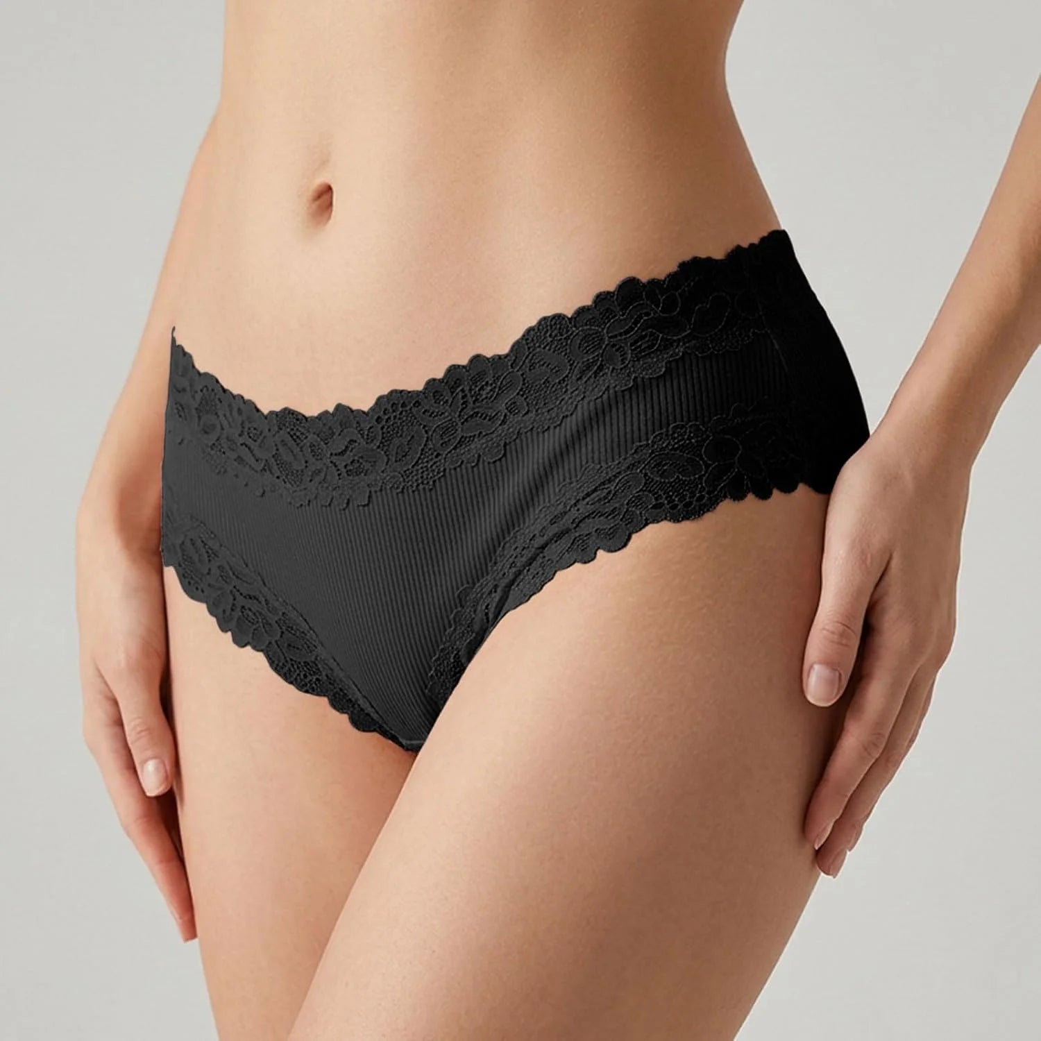 Lace Trim High Waisted Underwear for Women Sexy Ribbed Panties