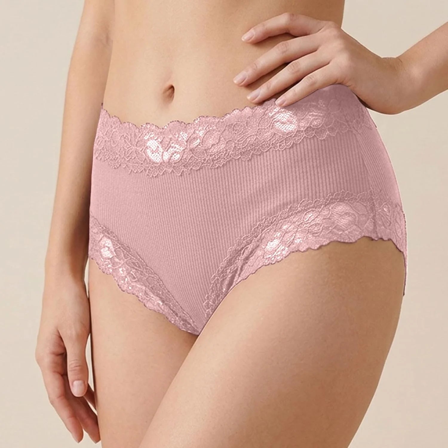 Lace Trim High Waisted Underwear for Women Sexy Ribbed Panties