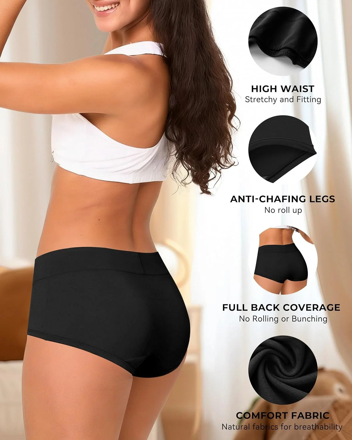 BAMBOO COOL Womens Boy Shorts Underwear High Waisted Boxer Briefs 5 Pack