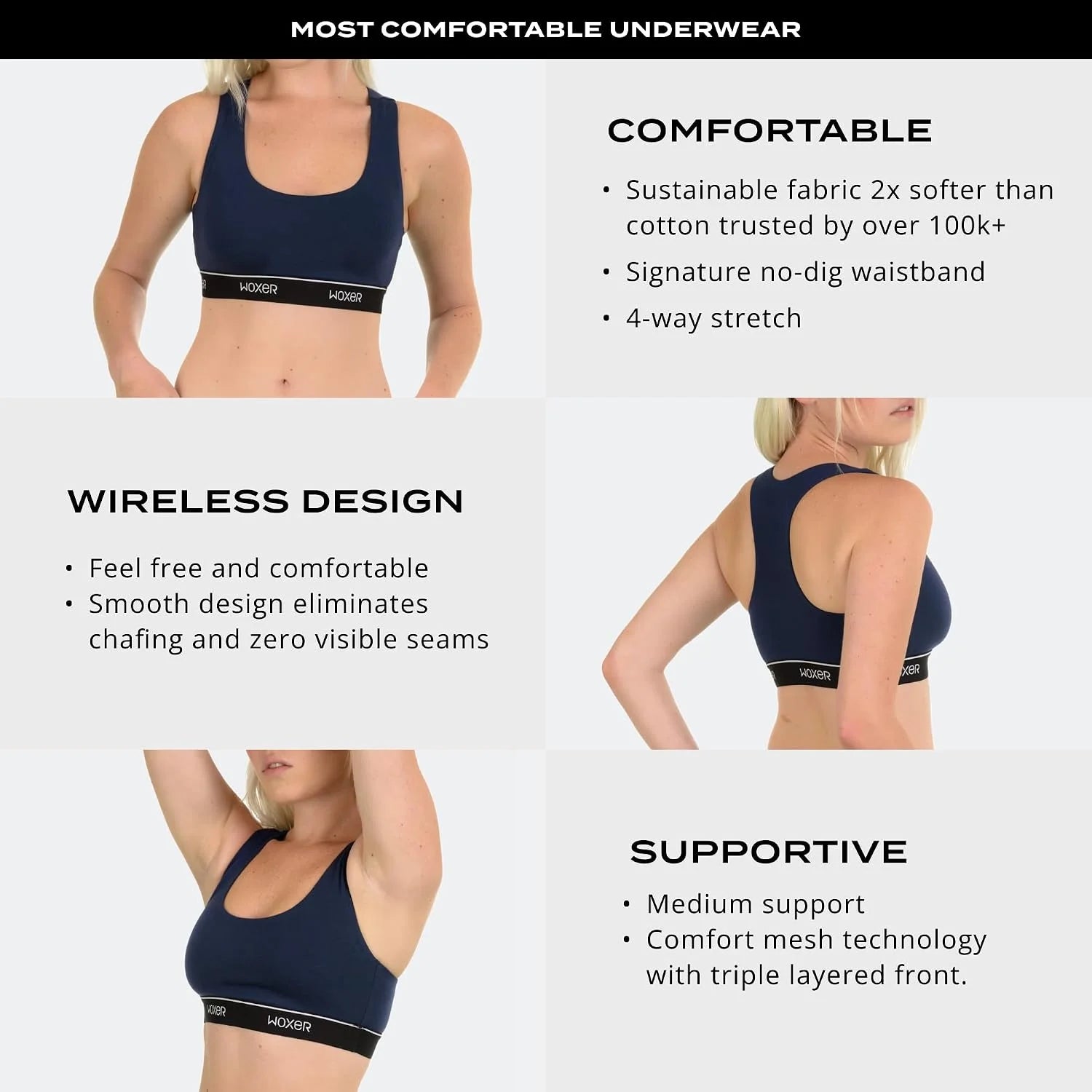 Woxer Boss Bralette for Women – Wireless, Seamless Racerback – Modal Sports Bra, Lounge, Sleep Bralette, Wireless Bra