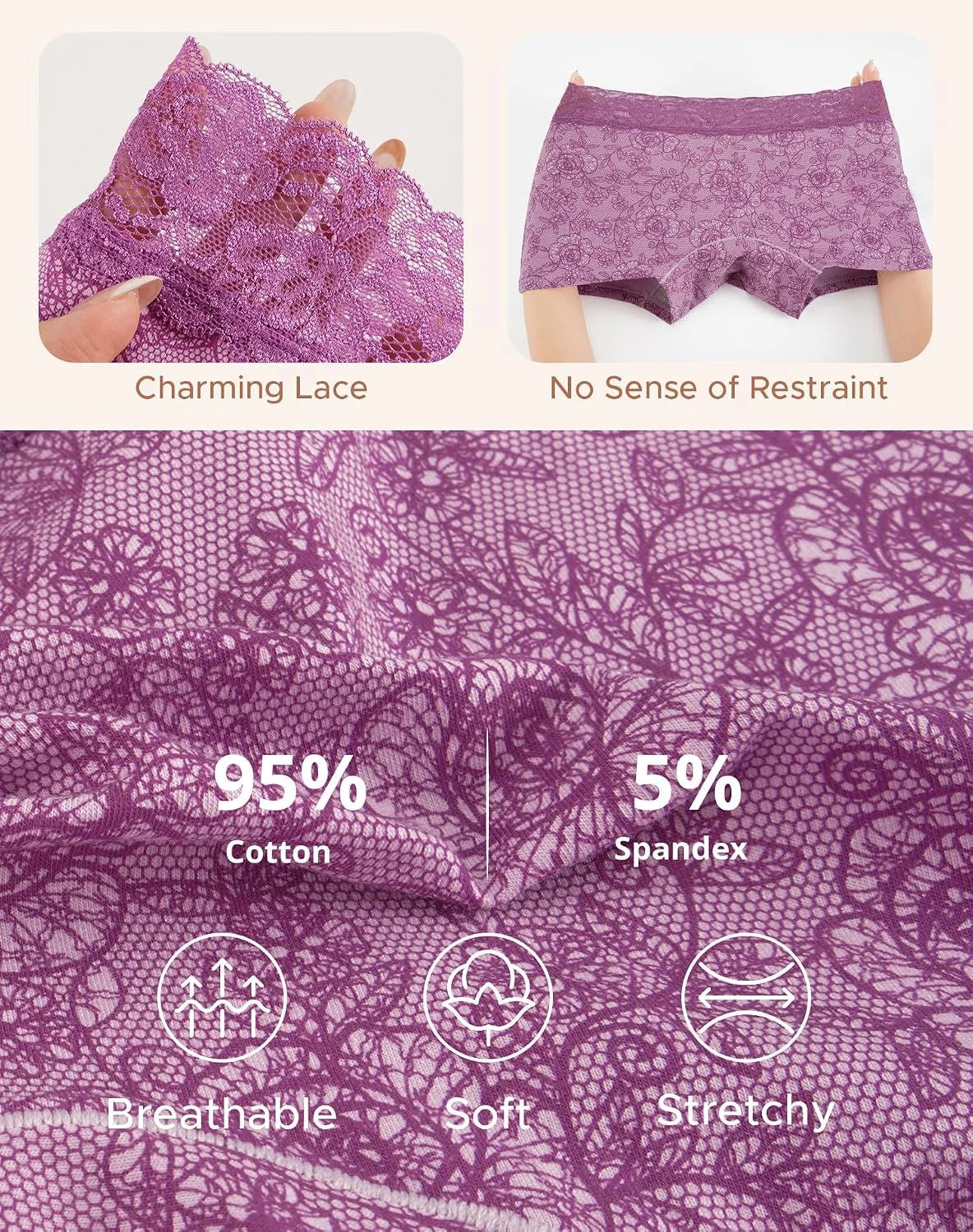 INNERSY Women's Lace Underwear Cotton Soft Boyshorts Panties Boxer Briefs 3-Pack
