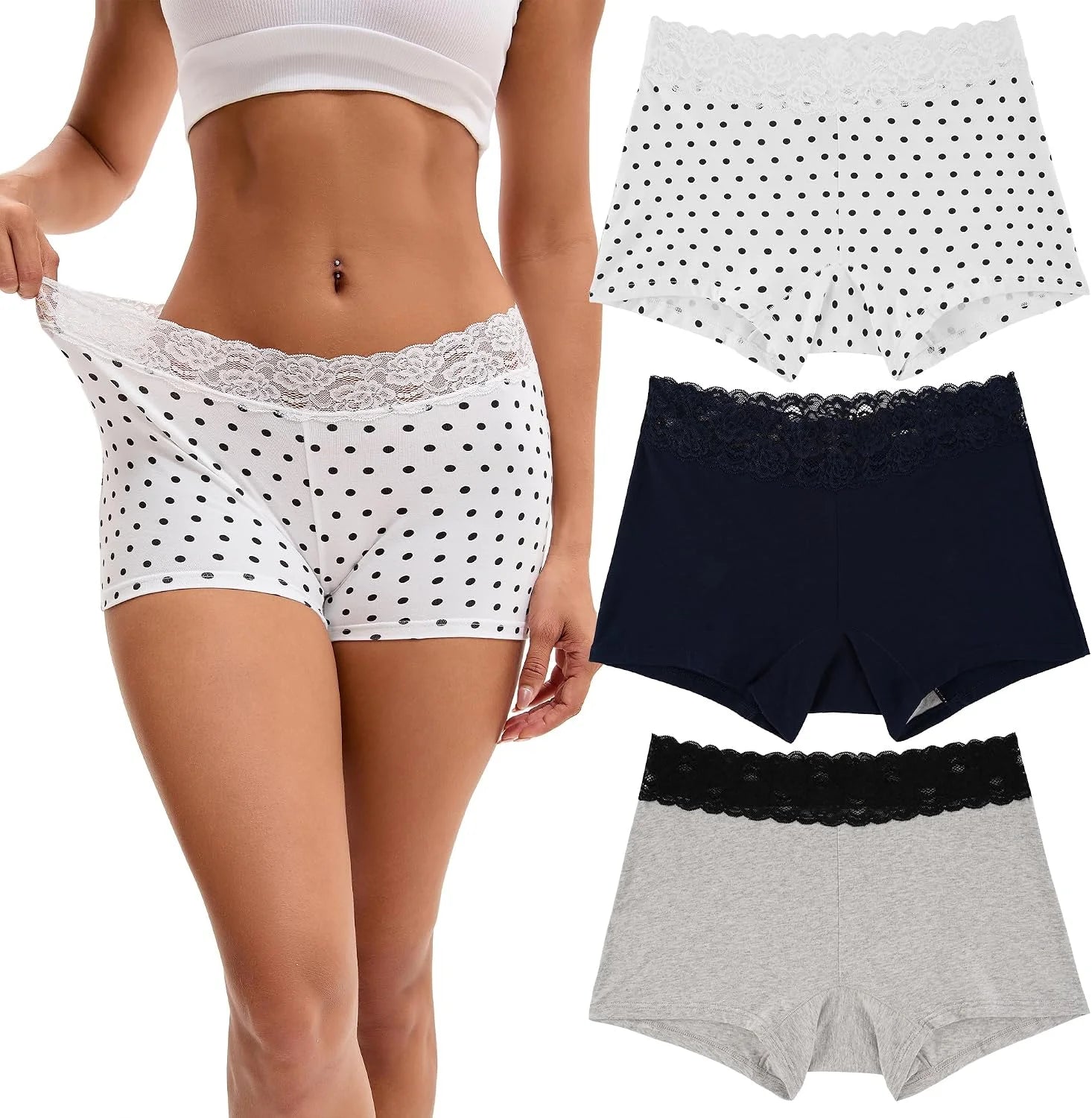 INNERSY Women's Lace Underwear Cotton Soft Boyshorts Panties Boxer Briefs 3-Pack