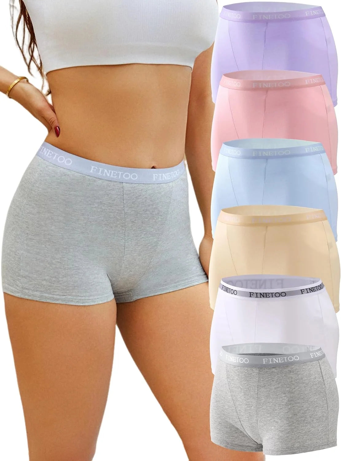 FINETOO Womens Cotton Boy Shorts Underwear Full Coverage Soft Boxer Briefs High Waisted Panties for Lady Girls 6 Pack