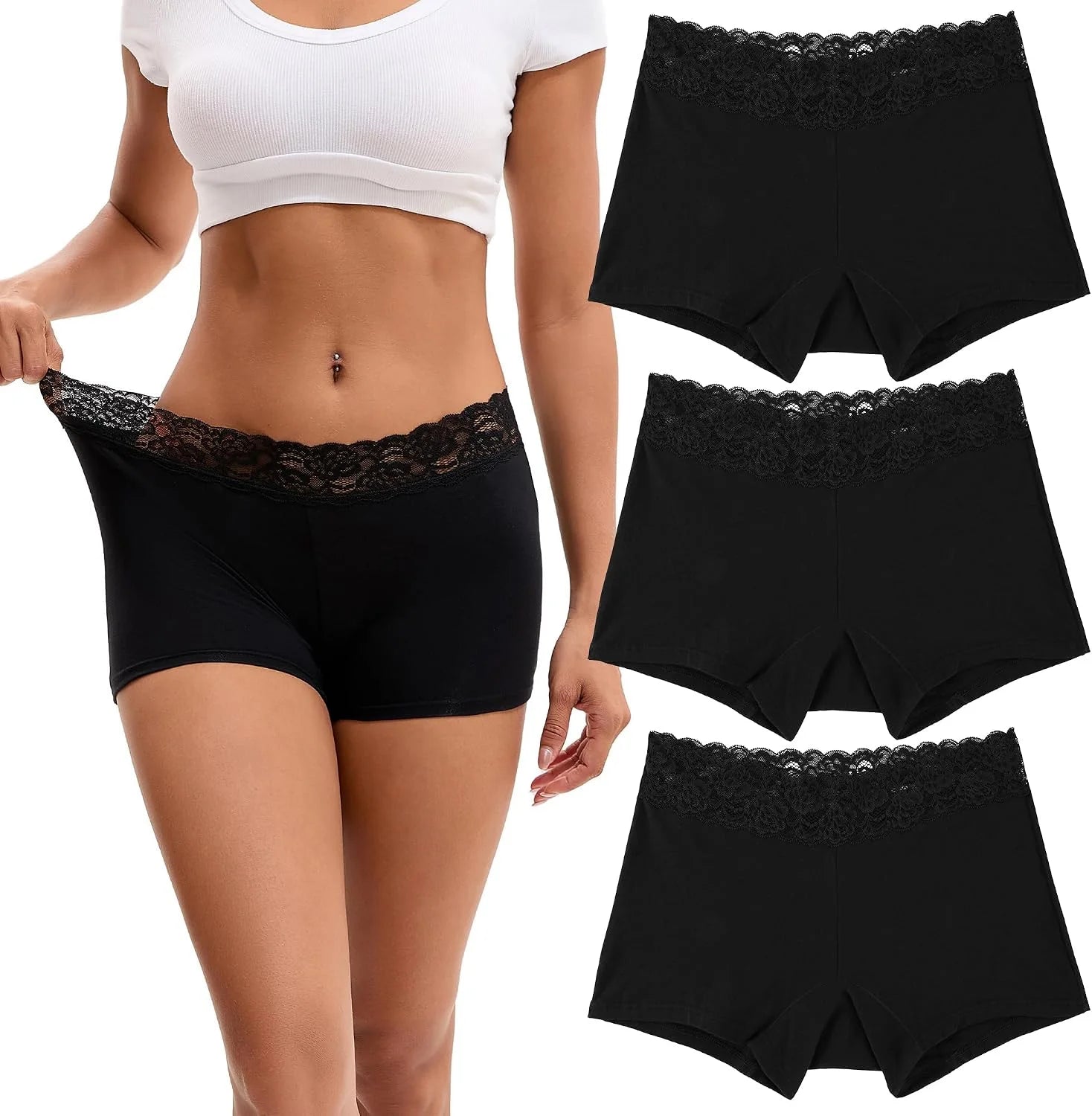 INNERSY Women's Lace Underwear Cotton Soft Boyshorts Panties Boxer Briefs 3-Pack