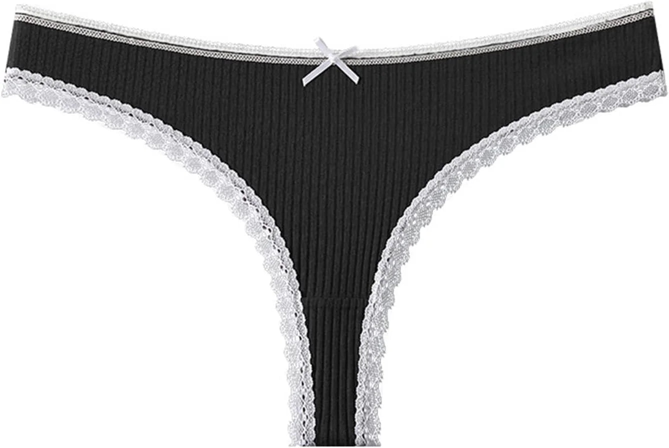 Ribbed Lace Trim Bow Thong for Women Low Waist Sexy Panties