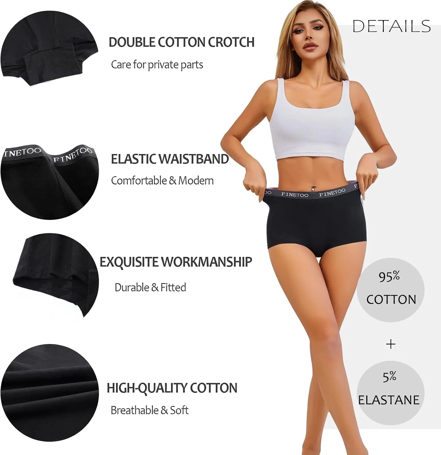 FINETOO Womens Cotton Boy Shorts Underwear Full Coverage Soft Boxer Briefs High Waisted Panties for Lady Girls 6 Pack