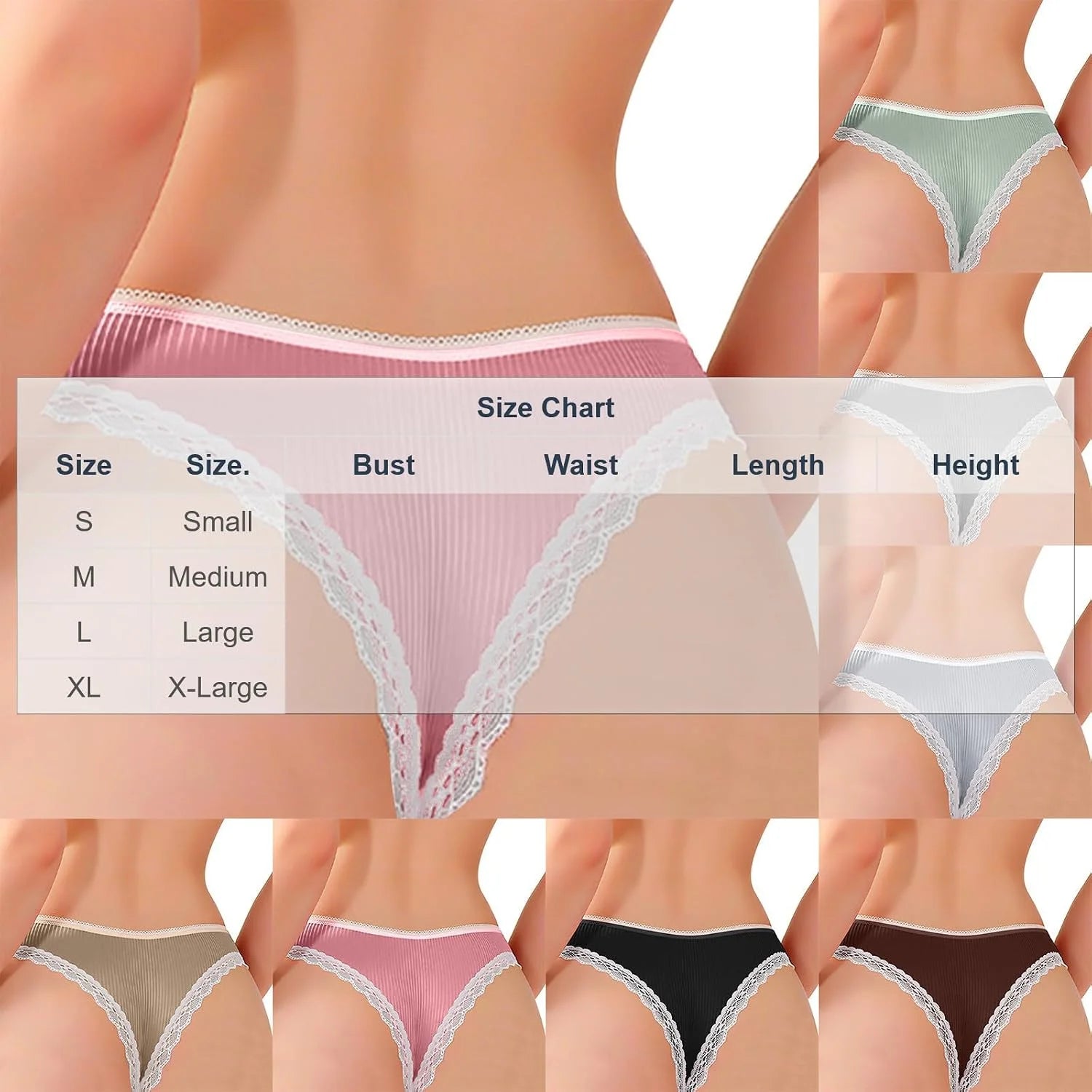 Ribbed Lace Trim Bow Thong for Women Low Waist Sexy Panties