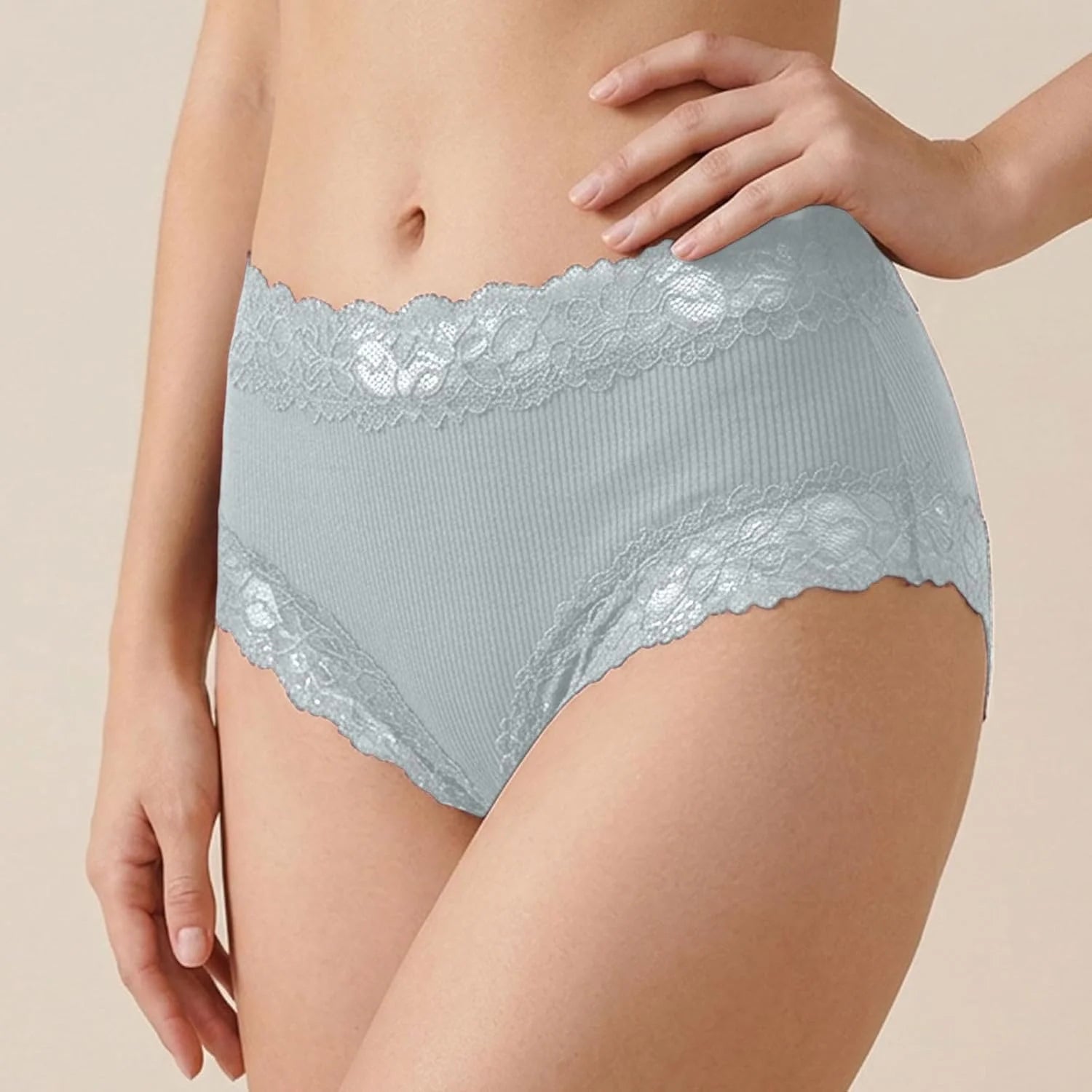 Lace Trim High Waisted Underwear for Women Sexy Ribbed Panties