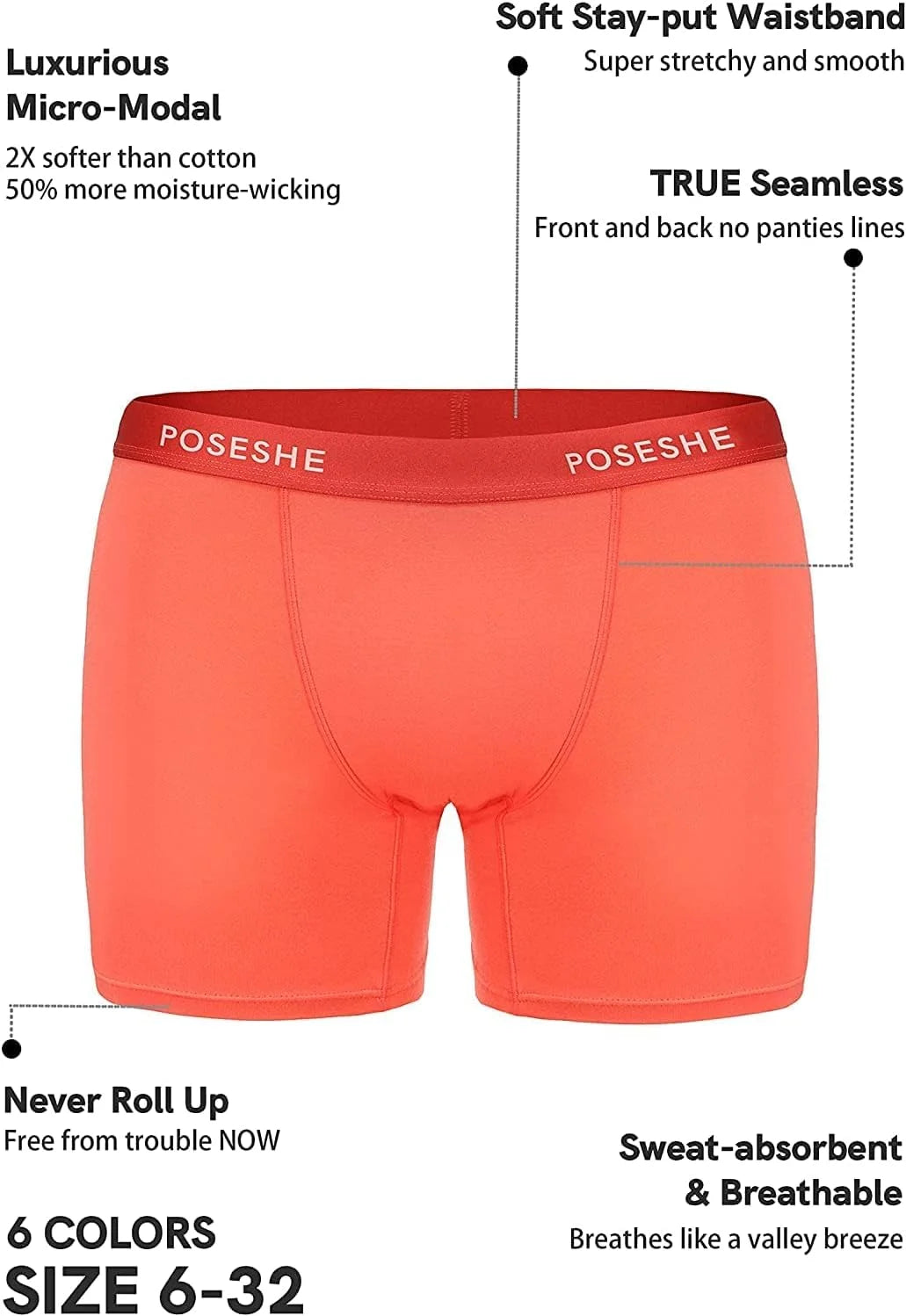 POSESHE Womens Boy Shorts Underwear Boxer Briefs MicroModal 6" Inseam, S-5X