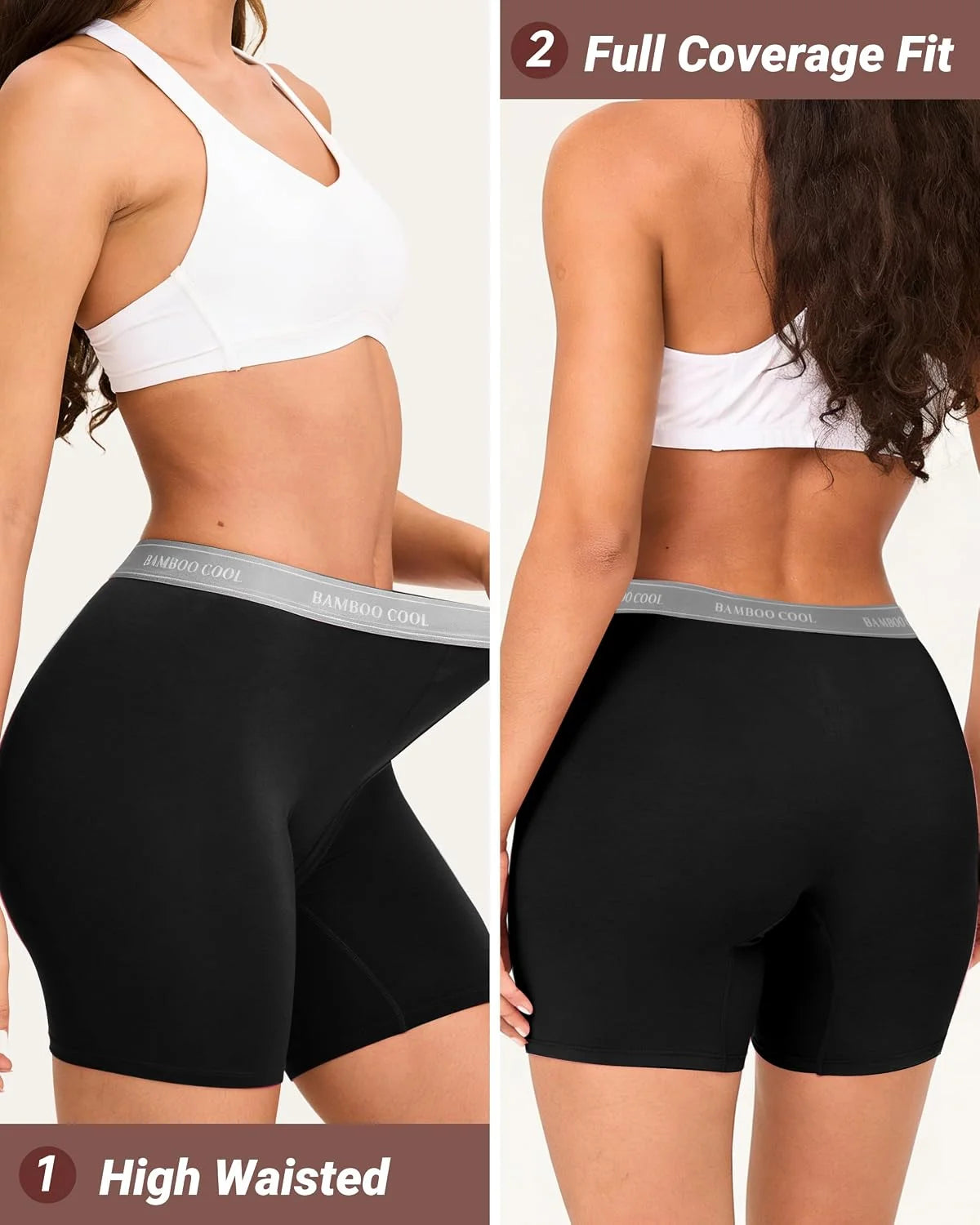 BAMBOO COOL Womens BoyShorts Underwear Full Coverage Ladies Panties High Waisted Boxer Briefs Breathable Stretch 5 Pack