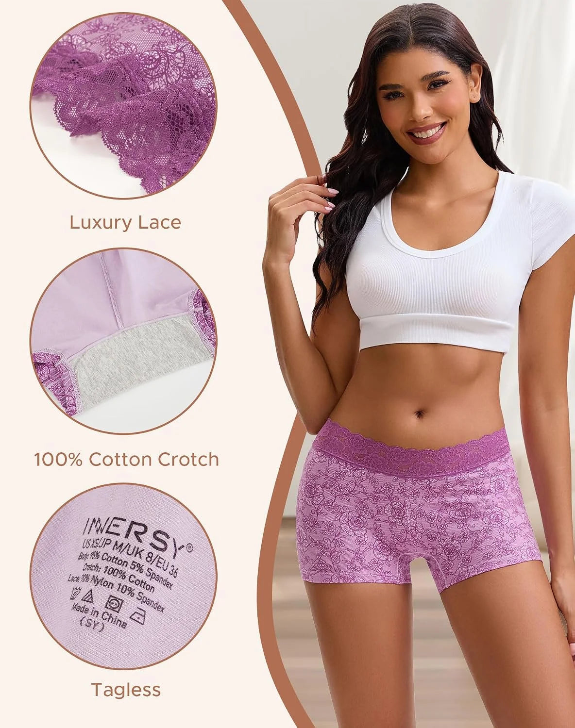 INNERSY Women's Lace Underwear Cotton Soft Boyshorts Panties Boxer Briefs 3-Pack