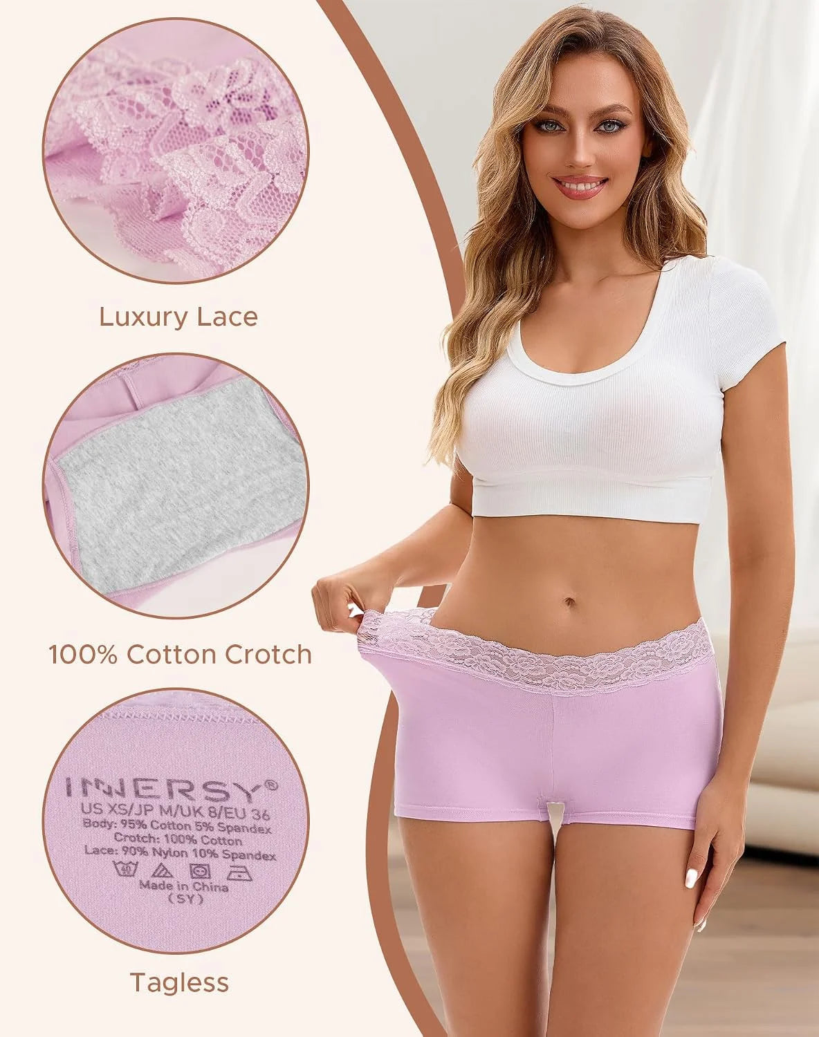 INNERSY Women's Lace Underwear Cotton Soft Boyshorts Panties Boxer Briefs 3-Pack