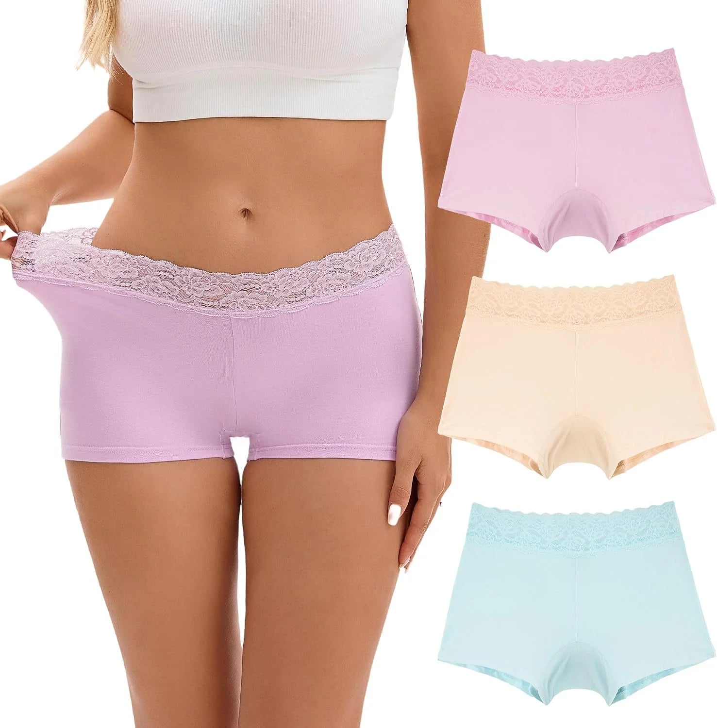 INNERSY Women's Lace Underwear Cotton Soft Boyshorts Panties Boxer Briefs 3-Pack