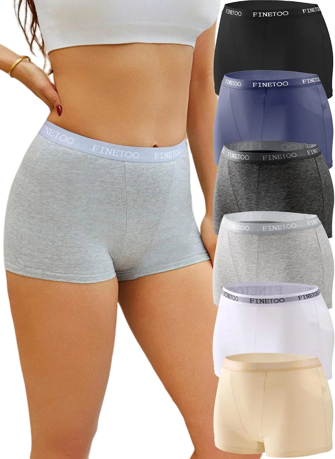 FINETOO Womens Cotton Boy Shorts Underwear Full Coverage Soft Boxer Briefs High Waisted Panties for Lady Girls 6 Pack