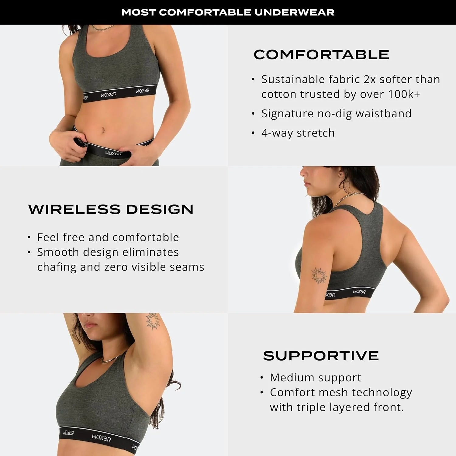 Woxer Boss Bralette for Women – Wireless, Seamless Racerback – Modal Sports Bra, Lounge, Sleep Bralette, Wireless Bra