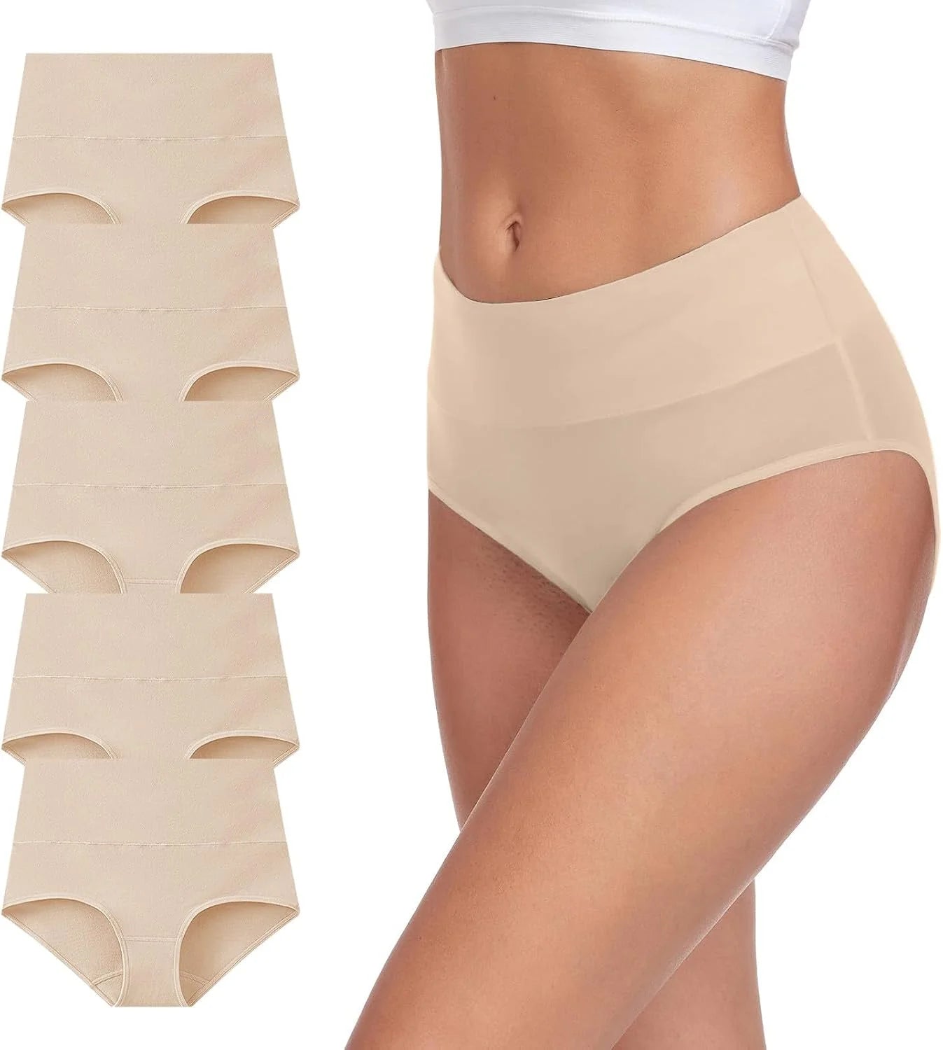 5 PC Cotton Panties for Women High Waisted Full Coverage Underwear Breathable Seamless Moisture Wicking Ladies Brief