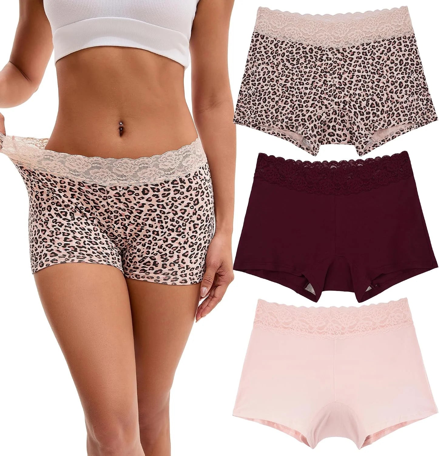 INNERSY Women's Lace Underwear Cotton Soft Boyshorts Panties Boxer Briefs 3-Pack