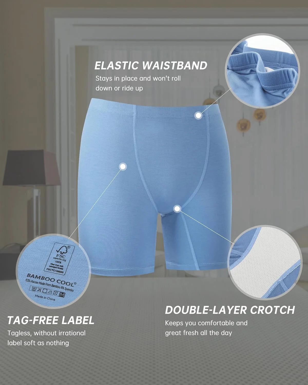 BAMBOO COOL Womens Boyshorts Underwear Boxer Briefs No Ride Up 4 Pack