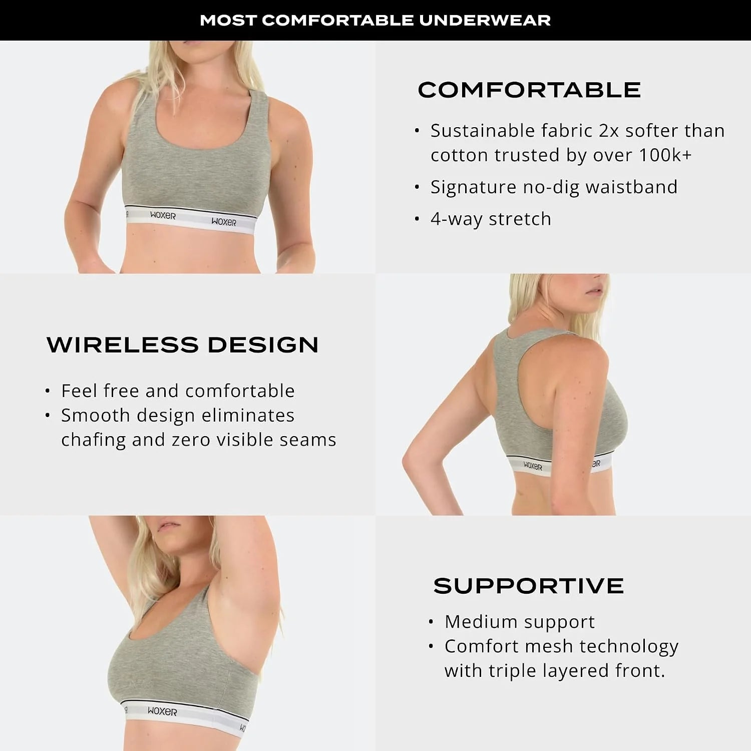 Woxer Boss Bralette for Women – Wireless, Seamless Racerback – Modal Sports Bra, Lounge, Sleep Bralette, Wireless Bra