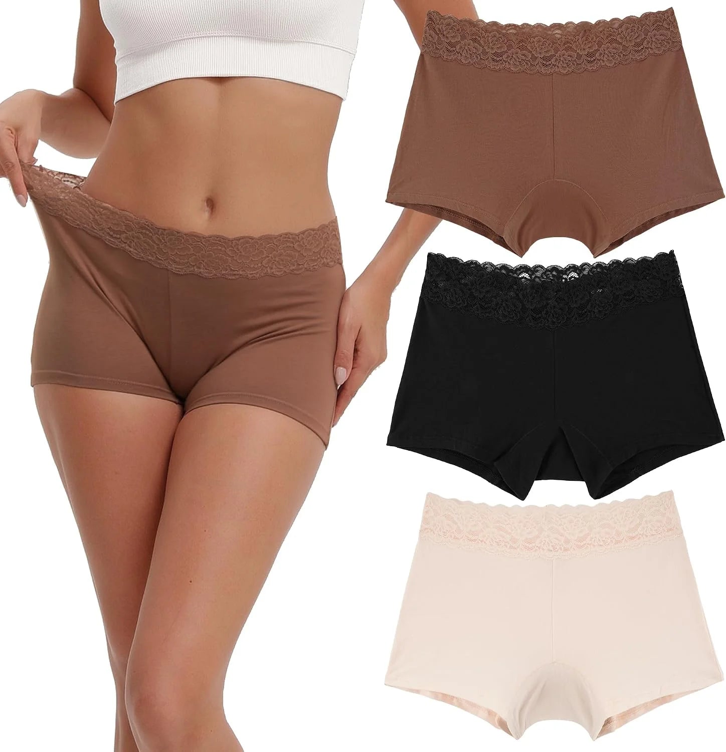 INNERSY Women's Lace Underwear Cotton Soft Boyshorts Panties Boxer Briefs 3-Pack