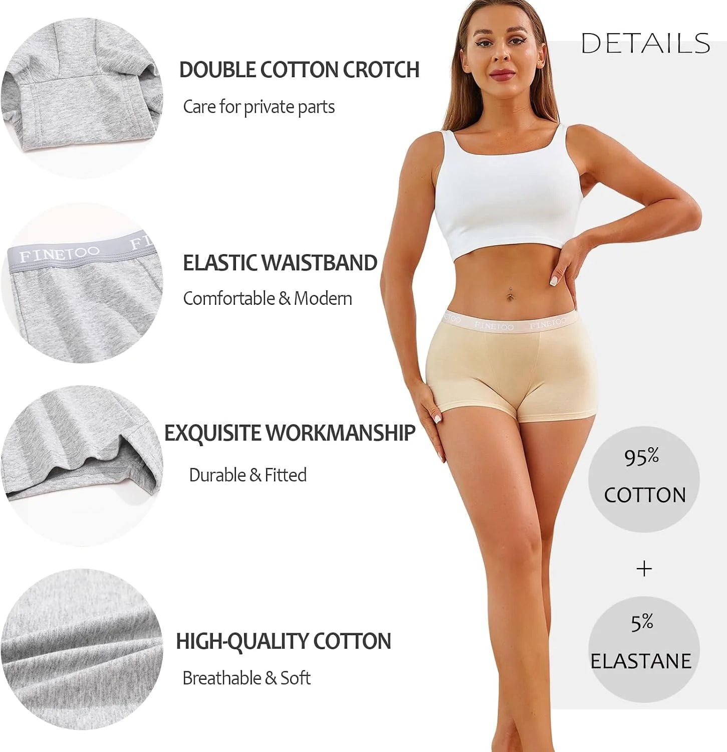FINETOO Womens Cotton Boy Shorts Underwear Full Coverage Soft Boxer Briefs High Waisted Panties for Lady Girls 6 Pack