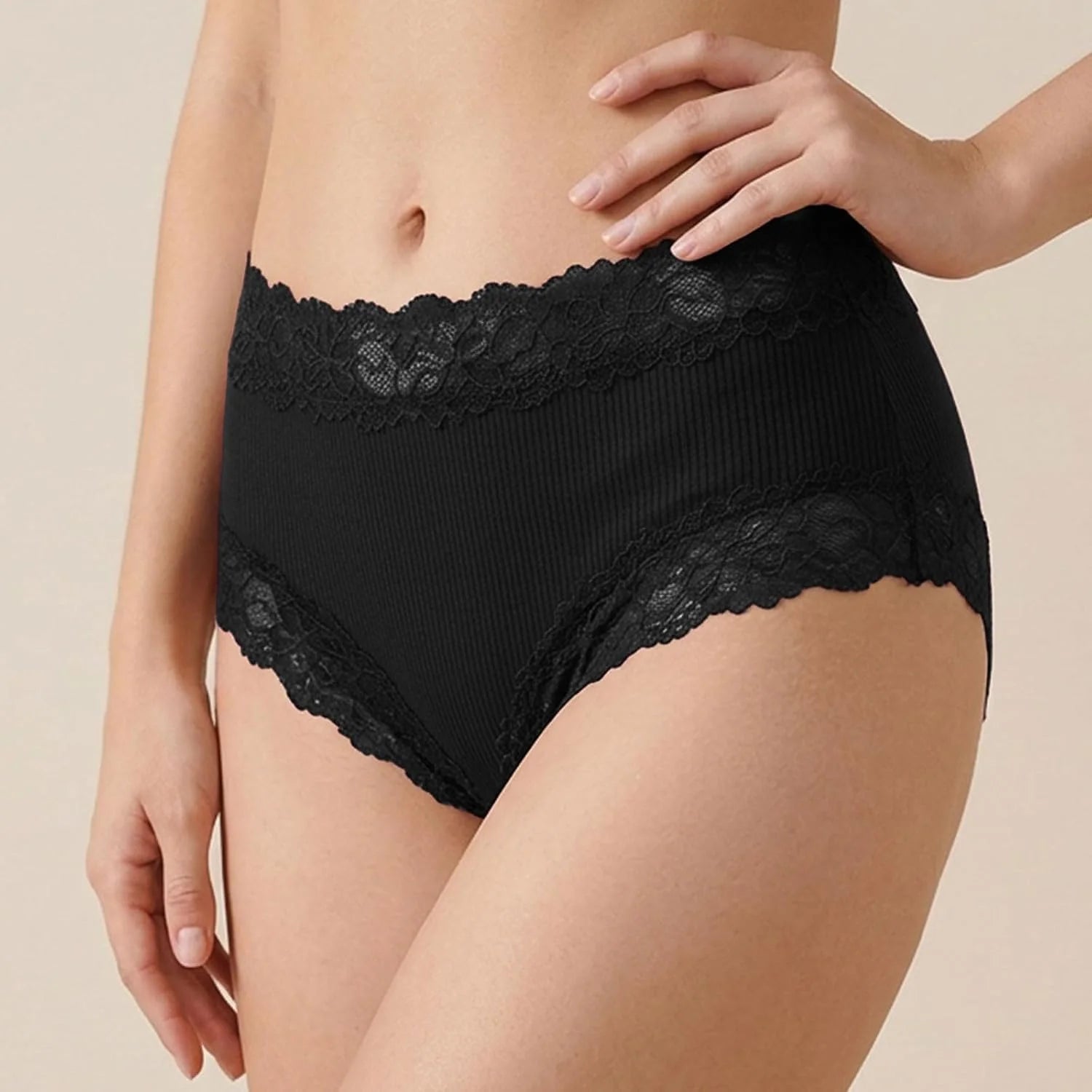 Lace Trim High Waisted Underwear for Women Sexy Ribbed Panties