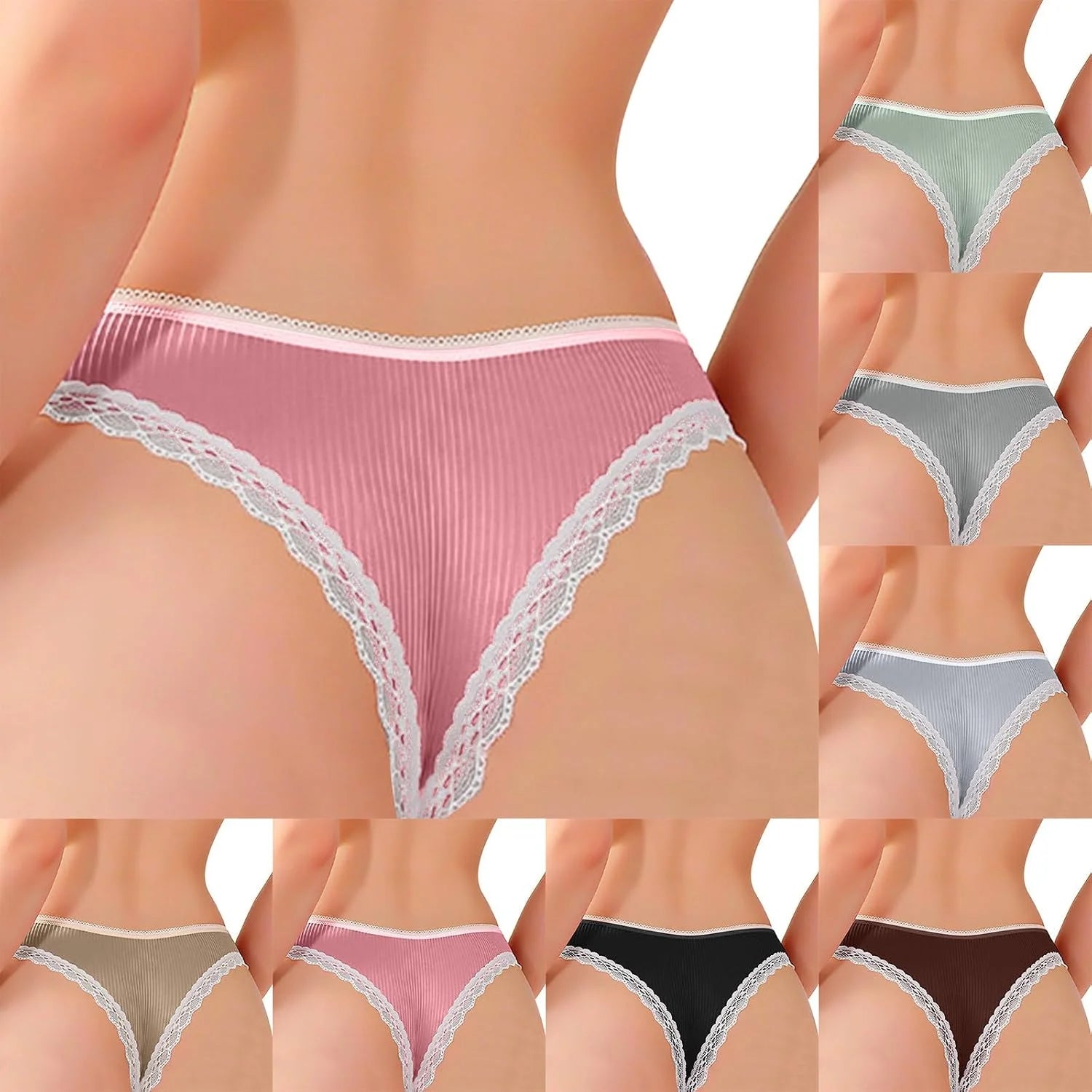 Ribbed Lace Trim Bow Thong for Women Low Waist Sexy Panties