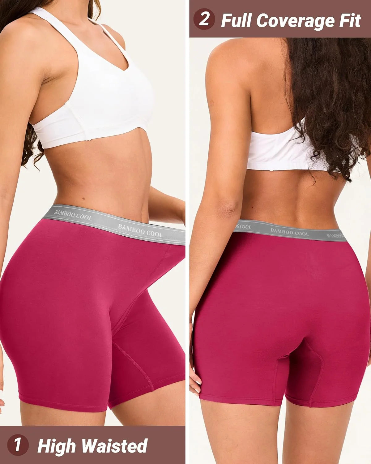 BAMBOO COOL Womens BoyShorts Underwear Full Coverage Ladies Panties High Waisted Boxer Briefs Breathable Stretch 5 Pack