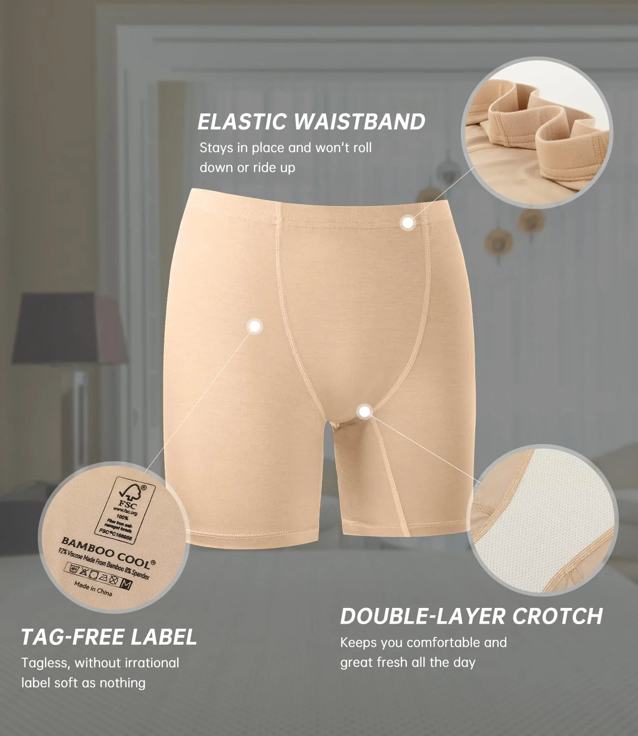 BAMBOO COOL Womens Boyshorts Underwear Boxer Briefs No Ride Up 4 Pack