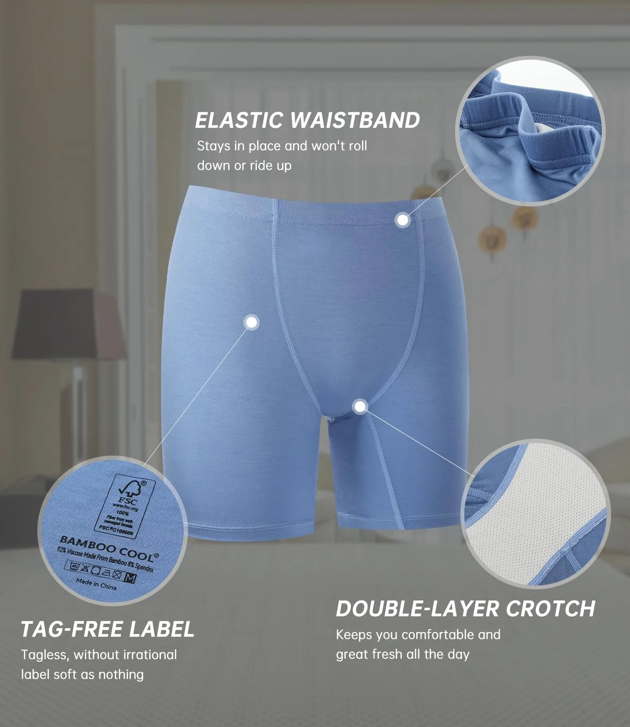BAMBOO COOL Womens Boyshorts Underwear Boxer Briefs No Ride Up 4 Pack