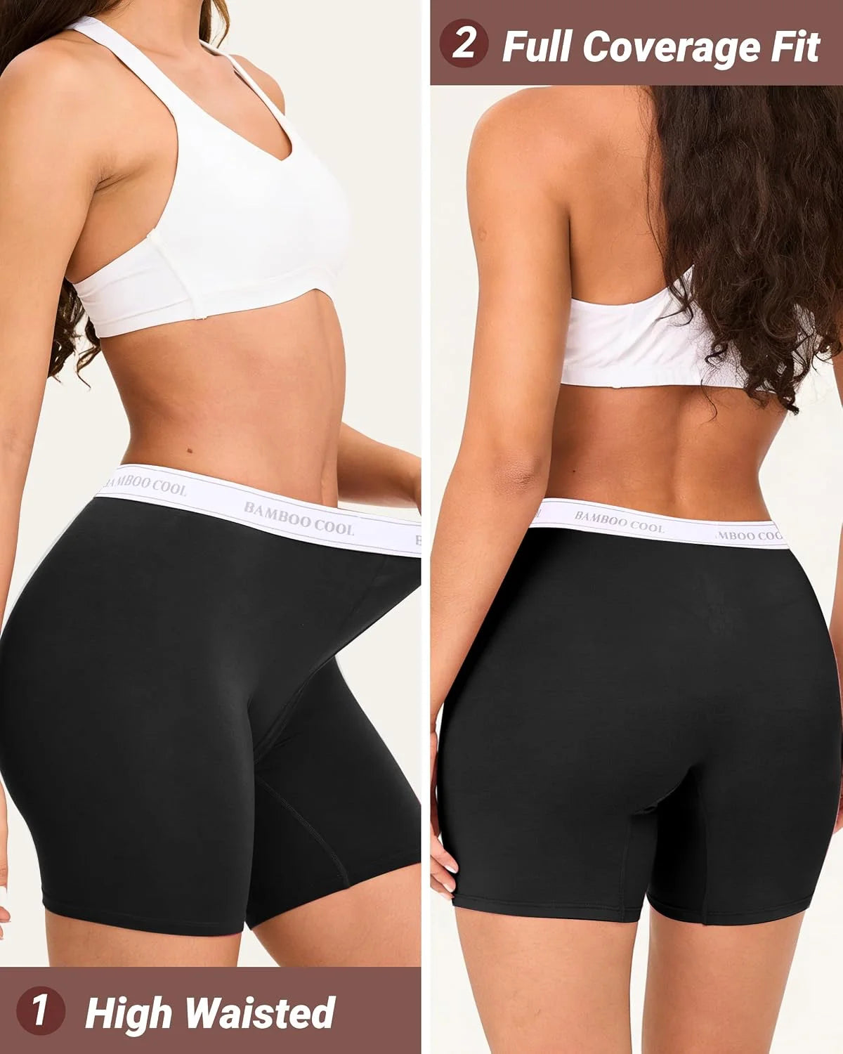 BAMBOO COOL Womens BoyShorts Underwear Full Coverage Ladies Panties High Waisted Boxer Briefs Breathable Stretch 5 Pack