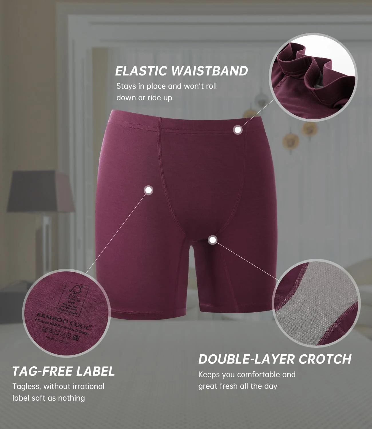 BAMBOO COOL Womens Boyshorts Underwear Boxer Briefs No Ride Up 4 Pack