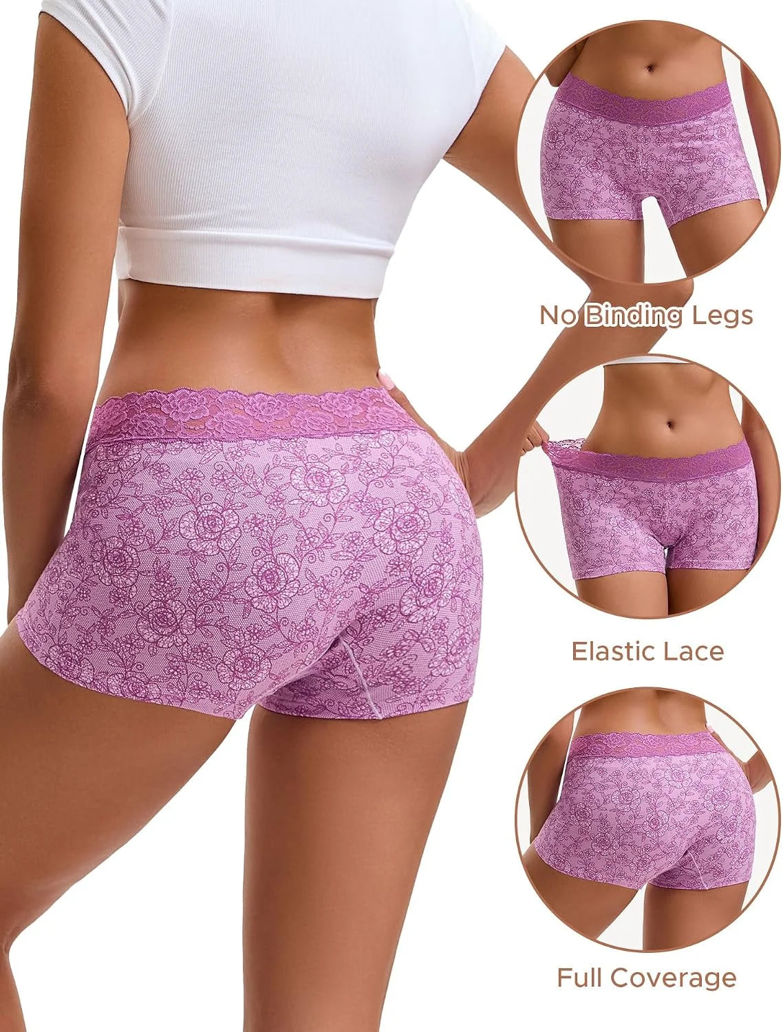 INNERSY Women's Lace Underwear Cotton Soft Boyshorts Panties Boxer Briefs 3-Pack